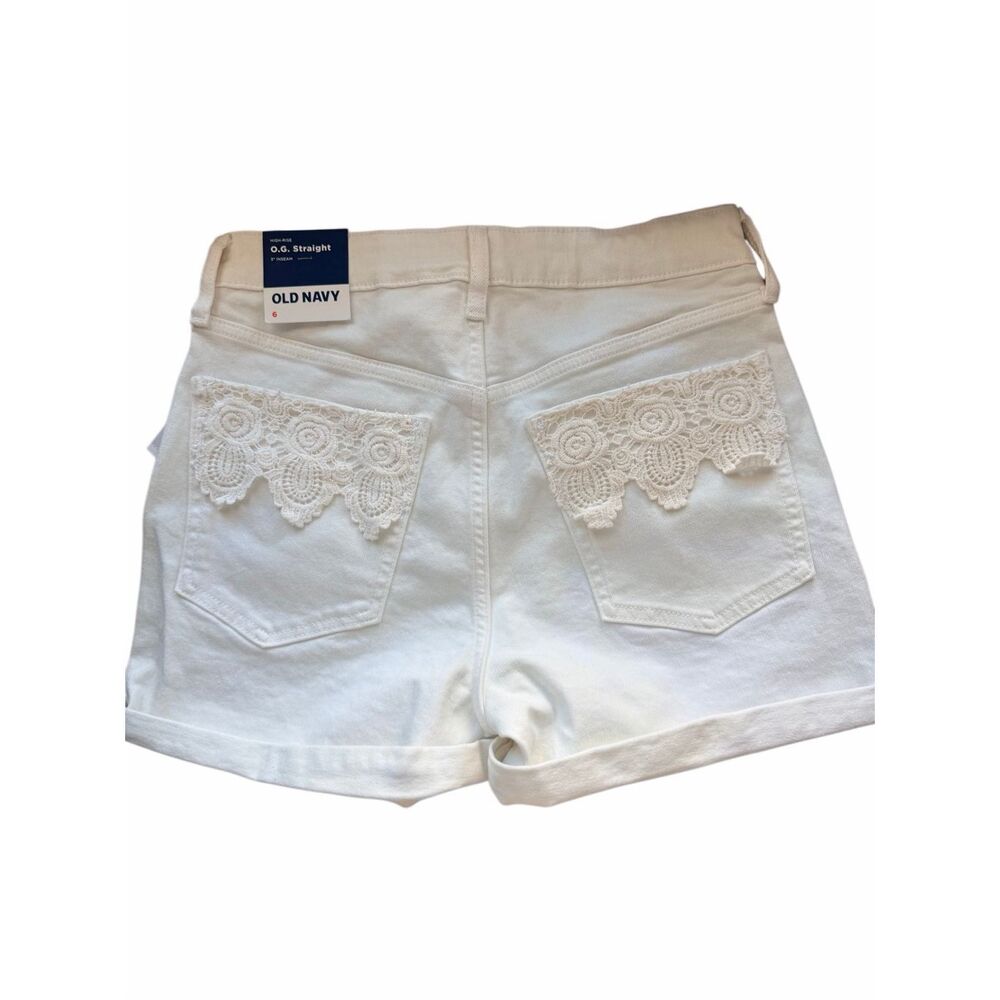 Old Navy White Denim Shorts Women 6 High Rise OG Straight Applique Patchwork NEW - Picture 2 of 9